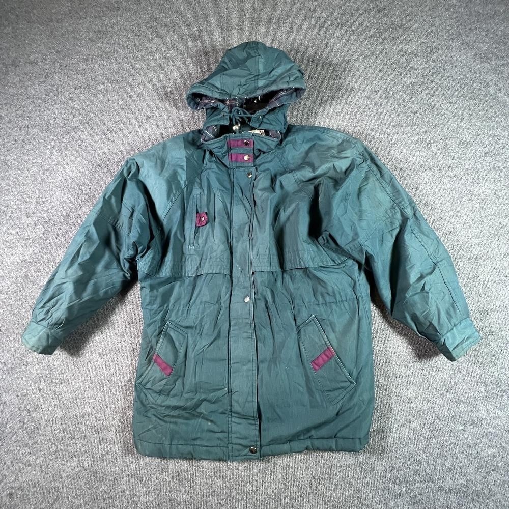 Cabin Creek Jacket Women's L (12-14P) Green Hooded Hiking Full-Zip Flannel Lined